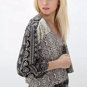 Gimmicks by BKE Buckle Patterned Fringe Western Cropped Blazer Jacket